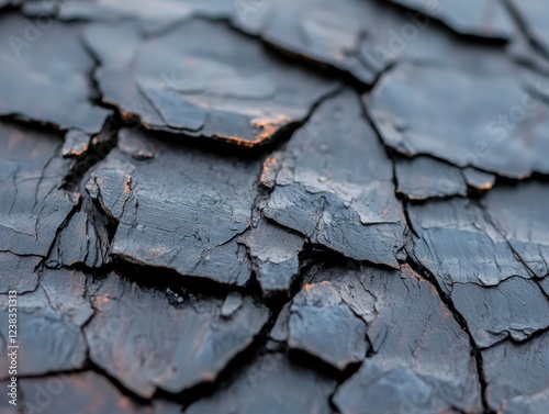 Close-up of charred wood texture displaying dark, layered, cracked patterns after a fire, highlighting nature's resilience and recovery. photo