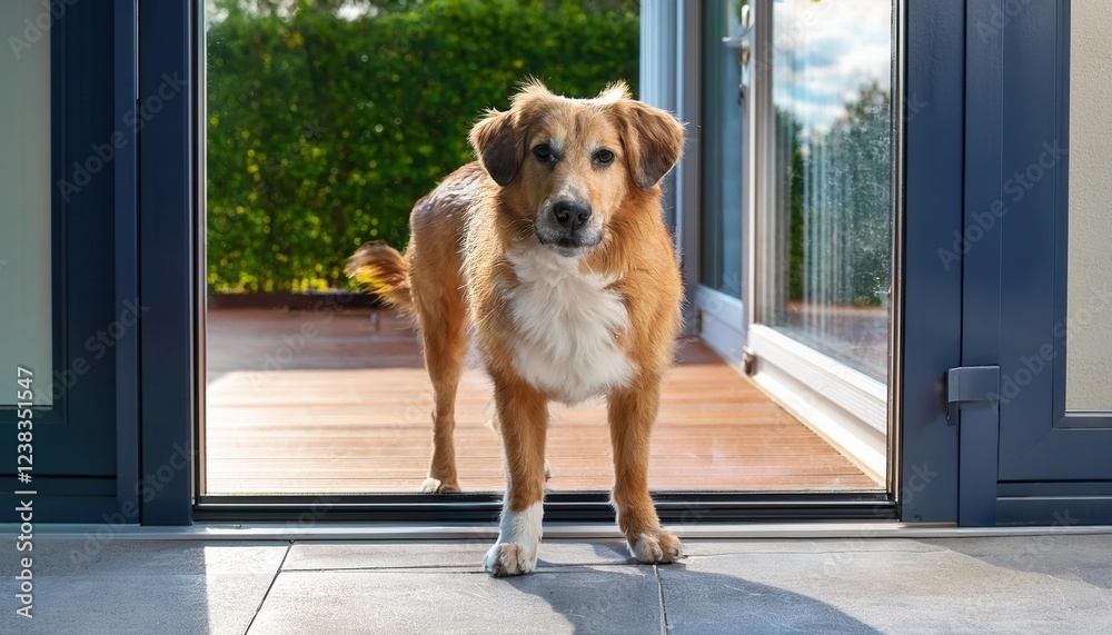 A lively dog waits eagerly at the open door, inviting fun in a sunlit backyard filled with greenery. A lively dog waits eagerly at the open door, inviting fun in a sunlit backyard filled with greenery.