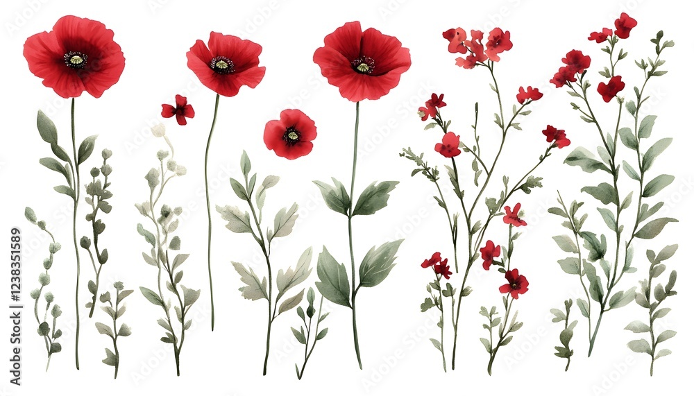 Fototapeta premium Watercolor Painting of Red Poppies and Greenery