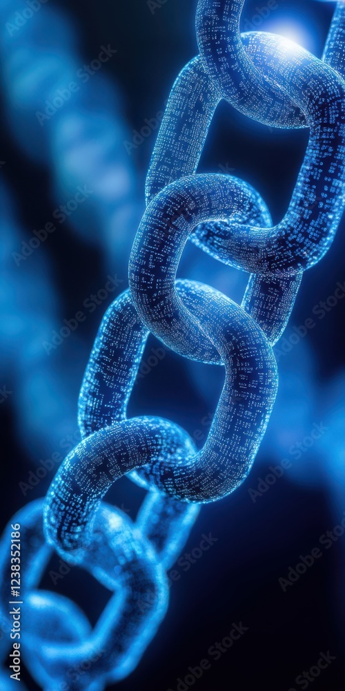 Close-up view of a glowing digital chain link showcasing technology and connectivity in a futuristic style. Close-up view of a glowing digital chain link showcasing technology and connectivity in a futuristic style.