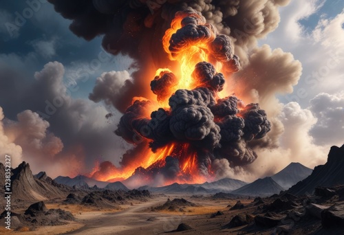 Swirling clouds of ash and gas erupt from the ground in a violent volcanic explosion, gas, geology