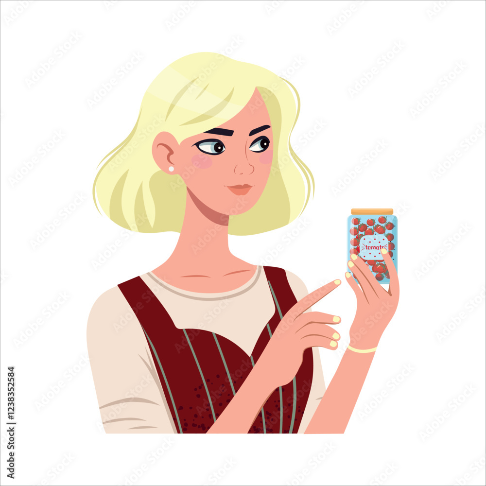 Young woman holding a jar of salted tomatoes and looking at it, isolated on white background. Ideal for concepts related to food preservation, home canning, healthy eating and organic products. Young woman holding a jar of salted tomatoes and looking at it, isolated on white background. Ideal for concepts related to food preservation, home canning, healthy eating and organic products.