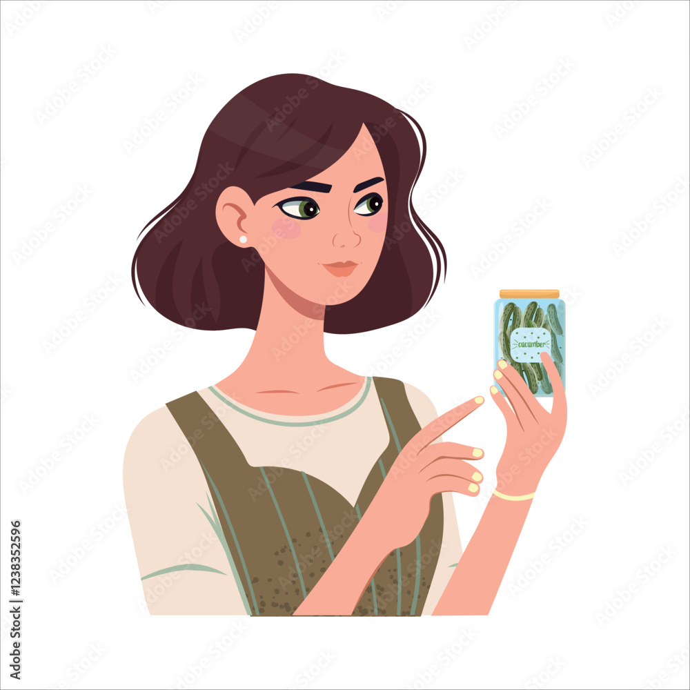 Young woman holding a jar of pickles and looking at it, isolated on white background. Ideal for concepts related to food preservation, home canning, healthy eating and organic products. Young woman holding a jar of pickles and looking at it, isolated on white background. Ideal for concepts related to food preservation, home canning, healthy eating and organic products.