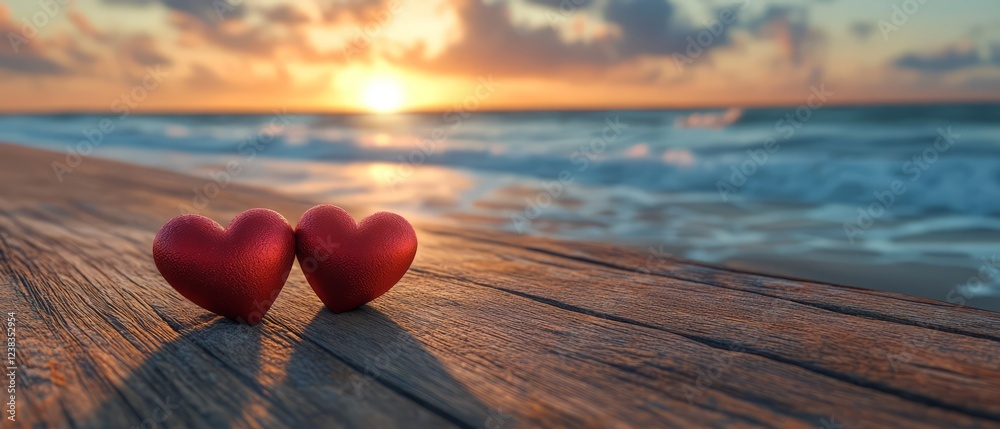 Fototapeta premium Two Red Hearts On Wooden Surface At Sunset Beach.