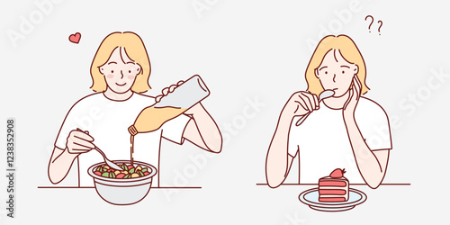 Happy Girl on a Diet. Proper nutrition. Vector illustration in cartoon style.