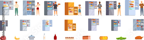 Person open refrigerator icons set. People using refrigerators, fridge full of food, fresh products icons set