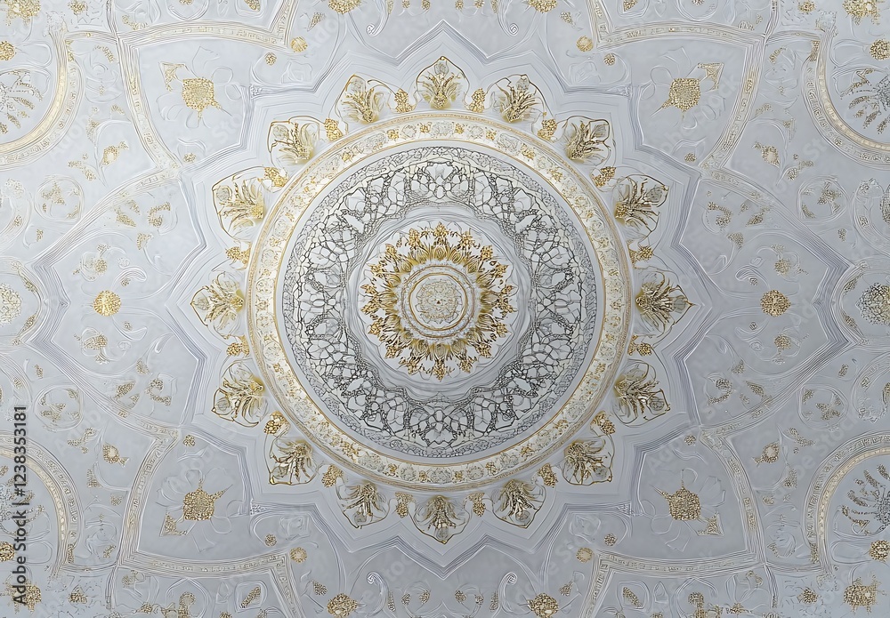 Ornate Ceiling Design Featuring Circular Mandala Pattern in Soft Blue and Gold Tones, Showcasing Intricate Floral and Geometric Details
Ornate Ceiling Design Featuring Circular Mandala Pattern in Soft Blue and Gold Tones, Showcasing Intricate Floral and Geometric Details