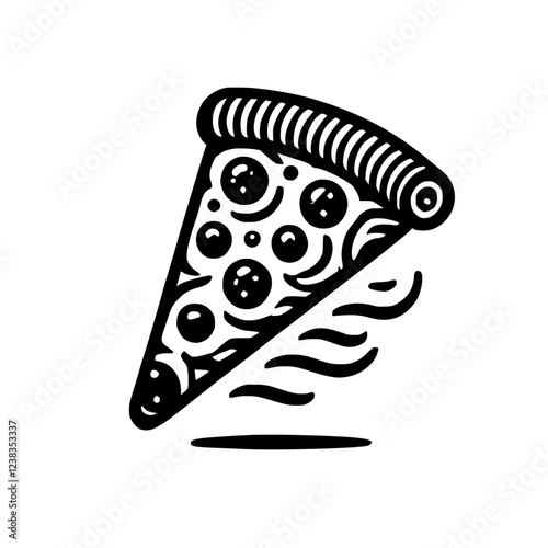 A mouthwatering pizza slice illustration, perfect for menus, restaurant branding, or any food-related design project. The black and white style adds a touch of vintage appeal.