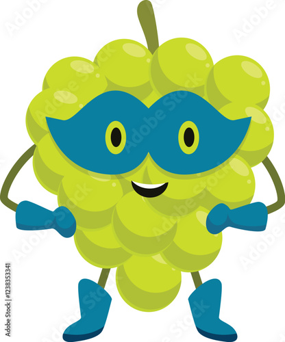 Cartoon illustration of a smiling green grape superhero wearing a mask and boots, ready for action photo