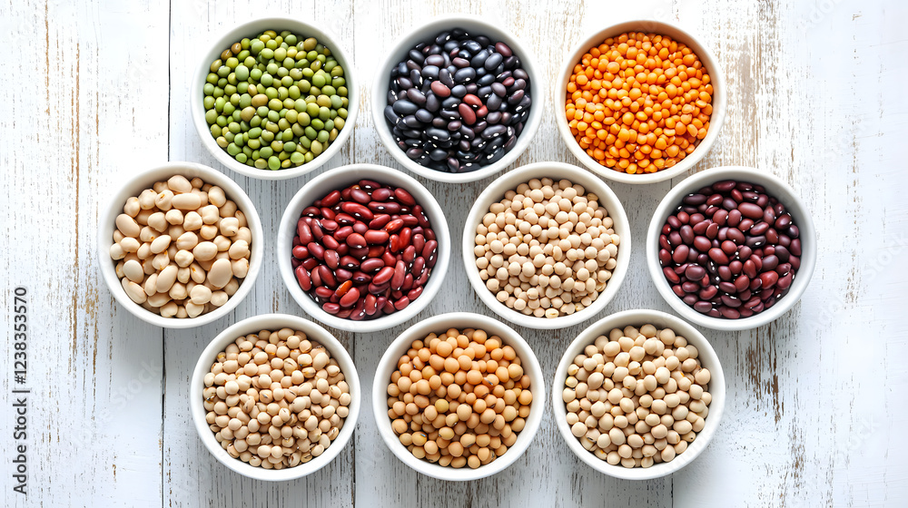 Variety of legumes in bowls on a rustic wooden background. Variety of legumes in bowls on a rustic wooden background.