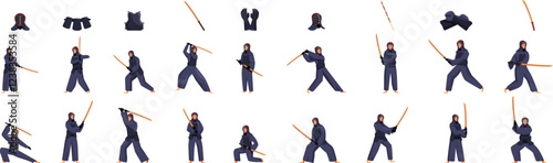 Kendo fighter icons set. Kendo fighter demonstrating various poses and movements with shinai and equipment