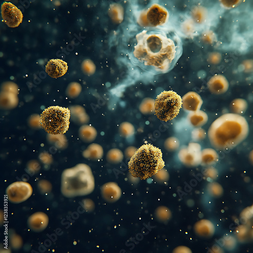 Microscopic view of airborne pollen particles floating in the air