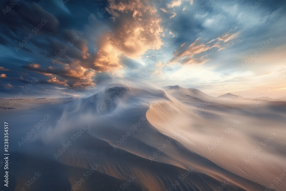 A windy desert landscape with sand blowing over smooth dunes