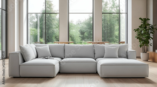A minimalist modular sofa in light gray fabric, placed in a spacious living room with large windows and soft natural lighting