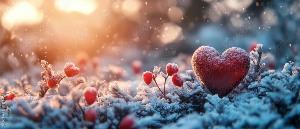 A Snow-Covered Red Heart Rests Amidst Frosted Winter Berries At Sunrise. A Snow-Covered Red Heart Rests Amidst Frosted Winter Berries At Sunrise.