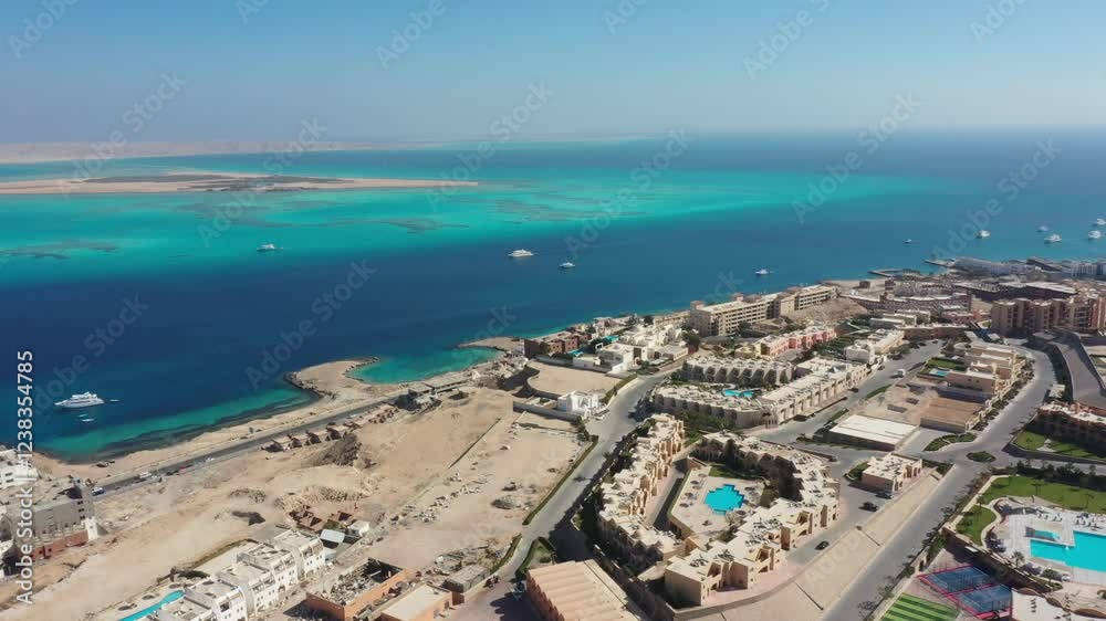 Aerial Drone shot of Mahmya Island and building along Hurghada coastline, red sea, egypt Aerial Drone shot of Mahmya Island and building along Hurghada coastline, red sea, egypt