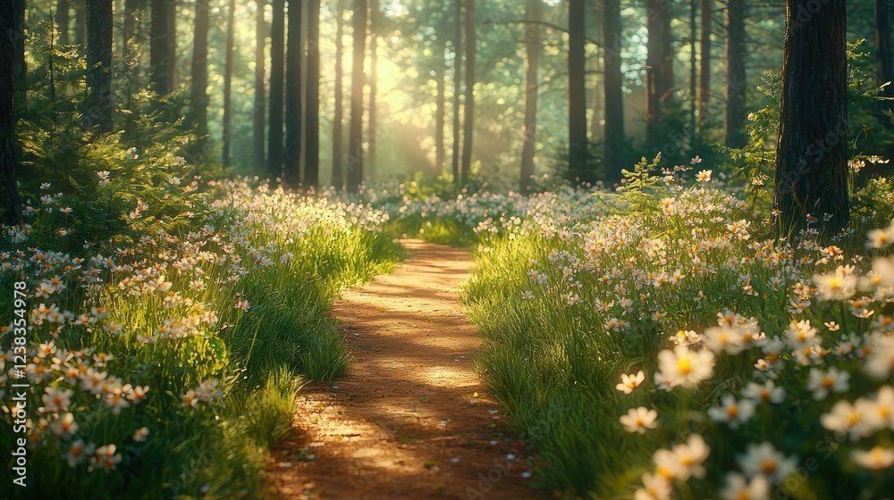 Fototapeta premium Forest pathway nature concept. A serene forest path surrounded by blooming flowers and sunlight filtering through trees.