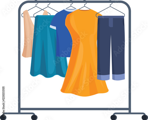 Various colorful clothes hanging on a rolling metal rack, perfect for showcasing fashion and retail concepts