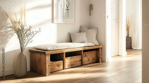A rustic wooden bench with integrated storage and a soft cushion, placed in a well-lit hallway with minimal decor