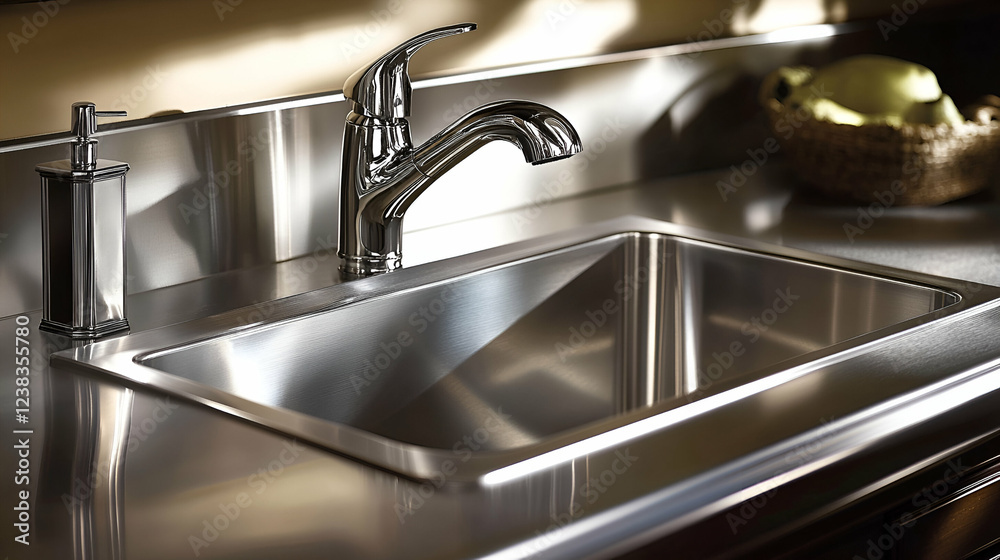 A stainless steel kitchen sink with a shiny faucet and a soap dispenser, highlighted by soft natural light creating subtle reflections A stainless steel kitchen sink with a shiny faucet and a soap dispenser, highlighted by soft natural light creating subtle reflections