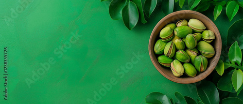 Wallpaper Mural Fresh pistachios in a bowl surrounded by green foliage on a vibrant green surface Torontodigital.ca