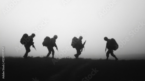 Soldiers marching uphill in fog, war scene, military action photo