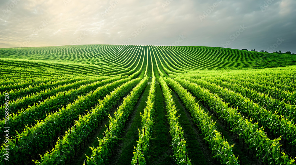 Rolling green vineyards under a soft cloudy sky, rows of grapevines stretching towards the horizon in symmetry Rolling green vineyards under a soft cloudy sky, rows of grapevines stretching towards the horizon in symmetry