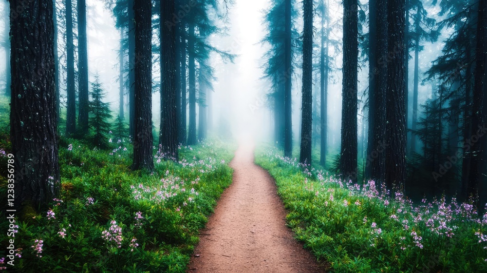 Fototapeta premium Forest pathway nature concept. A serene forest path shrouded in mist, surrounded by lush greenery and wildflowers.