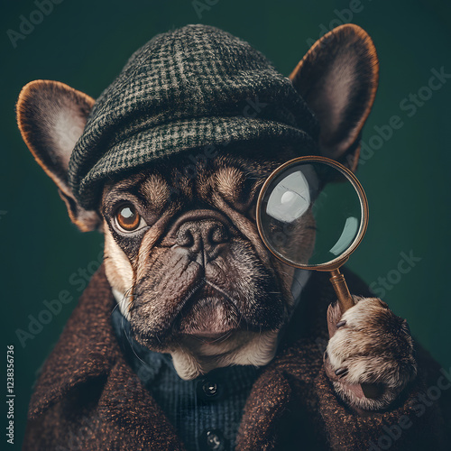 detective style dog wearing hat and holding magnifying glass, exuding curiosity and charm. This whimsical character captures attention with its unique attire and expression