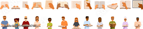 Braille hands icons set. Diverse group of blind people enjoying literature, using braille books and braille alphabet