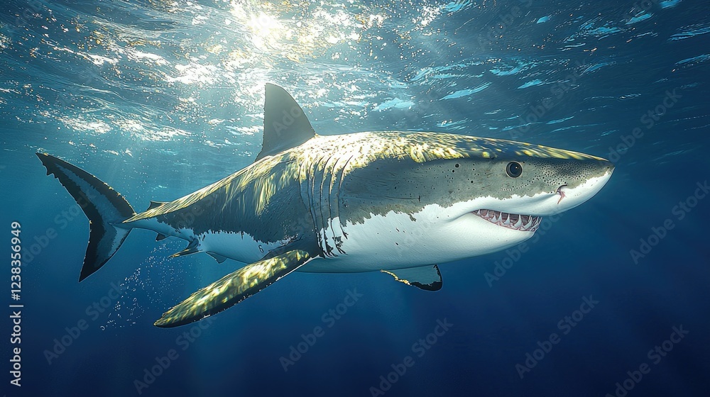 Fototapeta premium Great White Shark Underwater Sunlight Ocean Predator