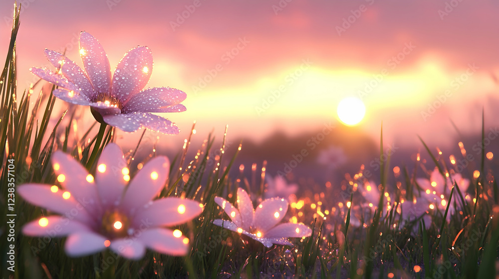 Obraz premium Scenic meadow with wildflowers blooming under a pastel sunrise, dew glistening on the petals and grass