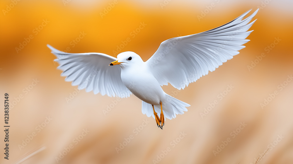 White bird soaring gracefully above golden field during sunny afternoon White bird soaring gracefully above golden field during sunny afternoon