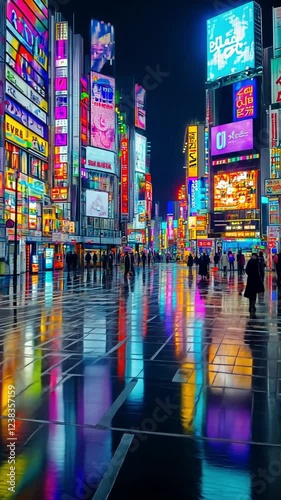 Vibrant cityscape at night with colorful neon signs reflecting on wet pavement, bustling crowd