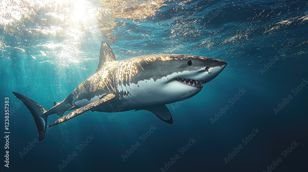Fototapeta premium Great White Shark Swimming in Sunlight Ocean Depths