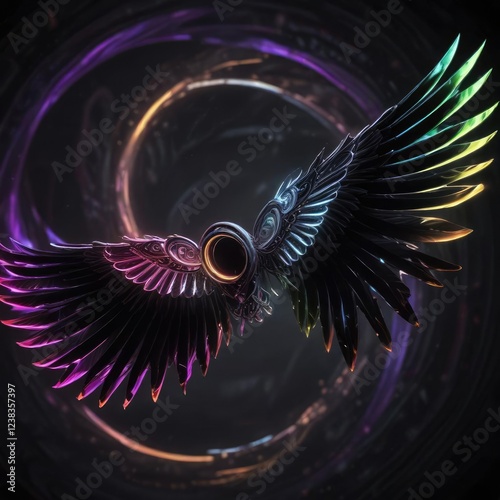 Swirling vortex wing with an isoteric swirl pattern on a black background with neon lights and glowing accents, neon lights, vortex, cyberpunk aesthetic photo