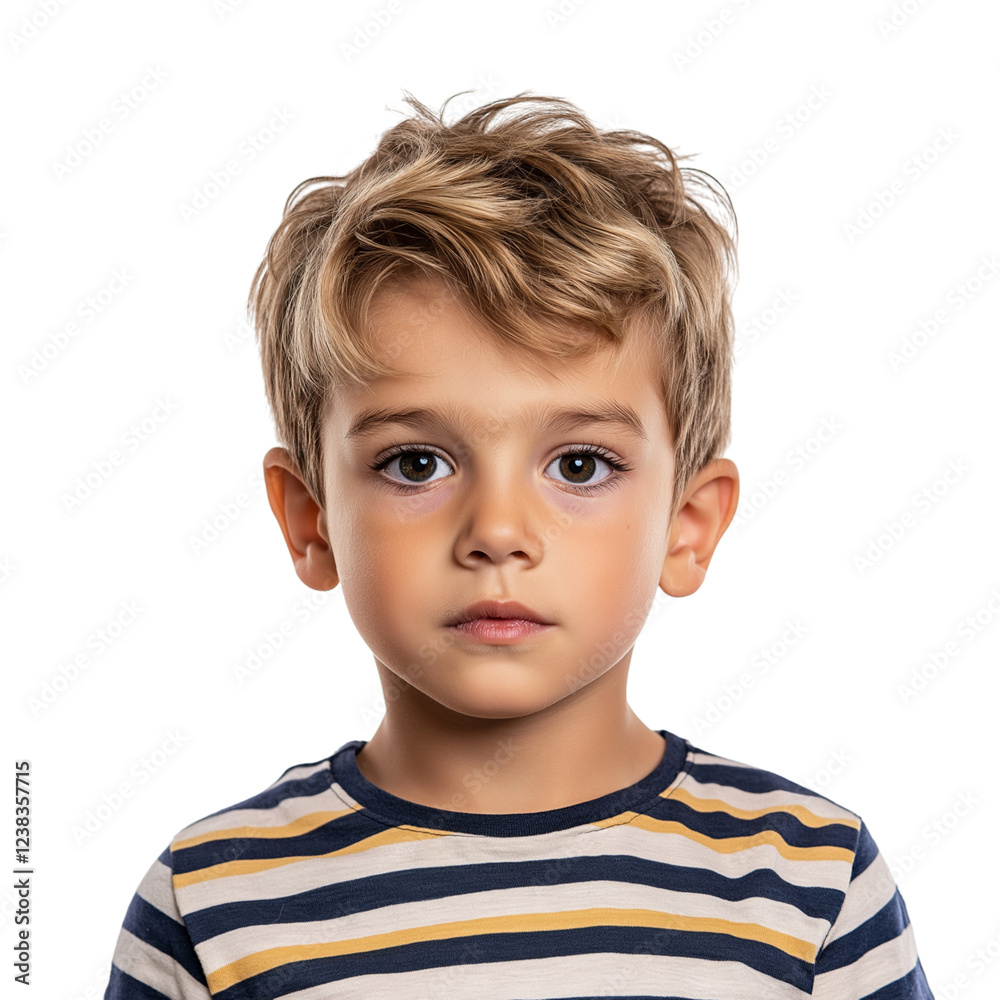 Caucasian boy with cowlick and striped shirt isolated on transparent white background Caucasian boy with cowlick and striped shirt isolated on transparent white background