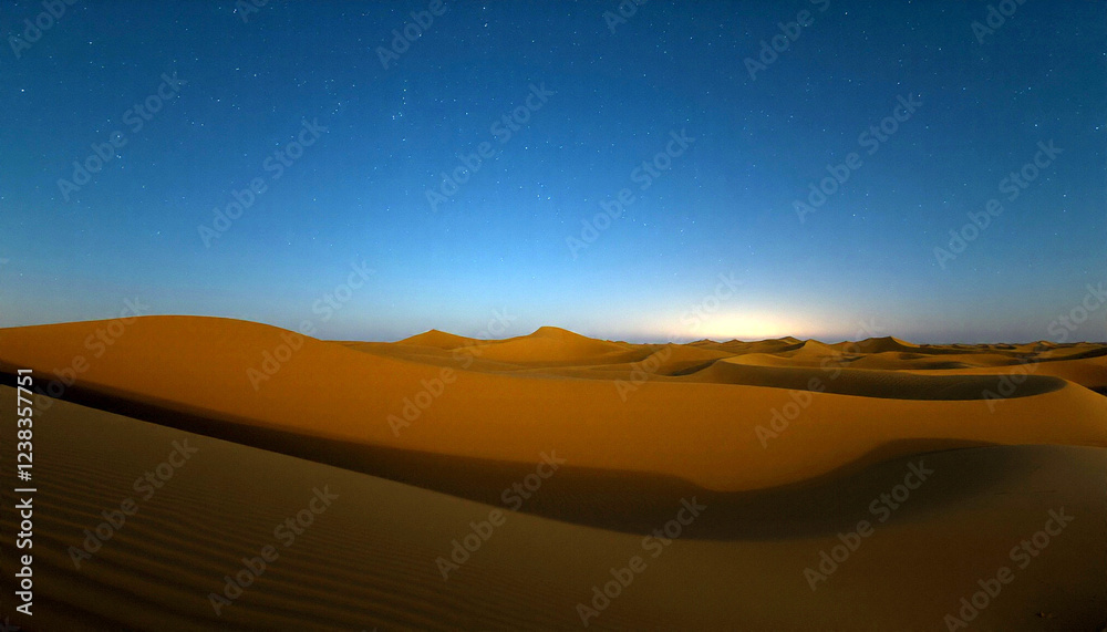 Fototapeta premium desert dunes at night with stars and crescent moon, colorful sky, photorealistic 