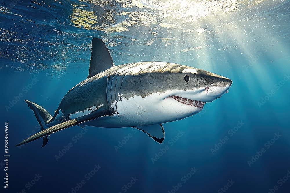 Great White Shark Swimming in Ocean Sunlight Great White Shark Swimming in Ocean Sunlight