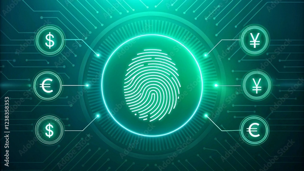Digital Fingerprint Security Concept with Currency Symbols in Neon Technology Background