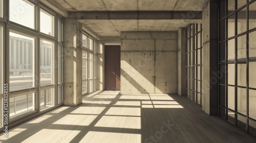 Sunlit empty loft apartment, city view