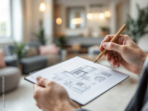 Hands drawing architectural plan using pencil in bright living room interior