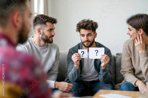 Group of young adults engaged in a team-building quiz game, with a participant holding question cards in a casual indoor setting.