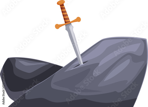 Sharp metal sword with golden handle piercing a gray stone, evoking the arthurian legend of excalibur