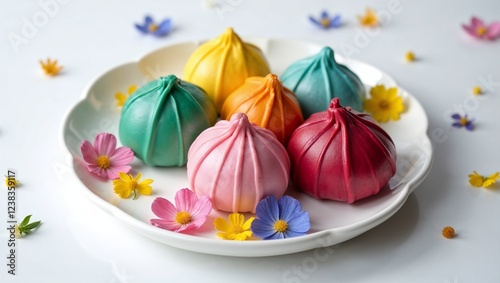 Colorful bao buns on a white plate with edible flowers in a minimalist setting photo