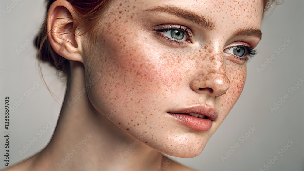 Obraz premium Portrait of a Young Woman with Freckles and Natural Beauty Features