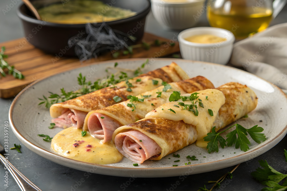 Delicious Ham Crepes with Creamy Sauce and Fresh Herbs on Plate Delicious Ham Crepes with Creamy Sauce and Fresh Herbs on Plate