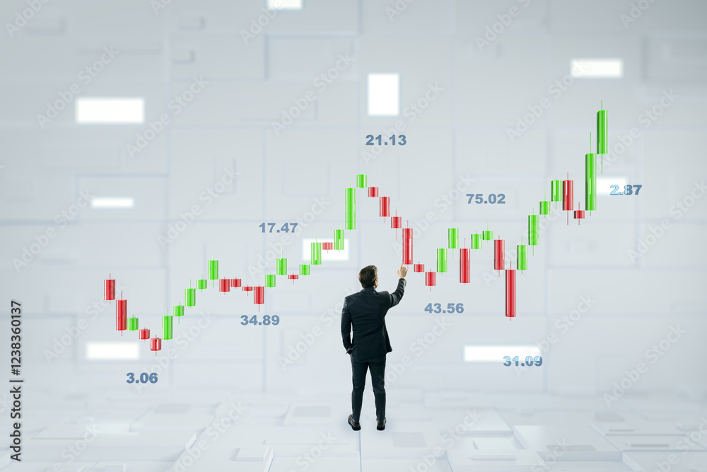 Businessman analyzing stock market candlestick chart in modern office. Businessman analyzing stock market candlestick chart in modern office.