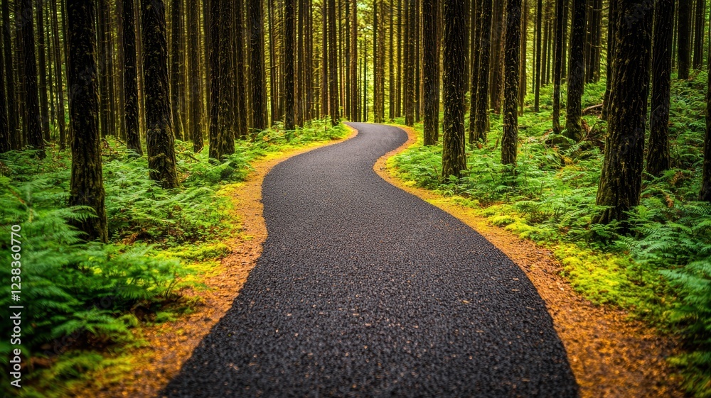Obraz premium A serene, winding pathway through a lush green forest, surrounded by tall trees and vibrant foliage, inviting exploration and tranquility.