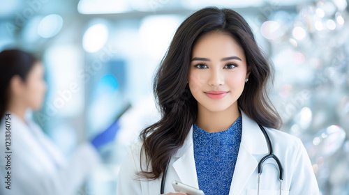 Professional female doctor using digital tablet in modern healthcare setting